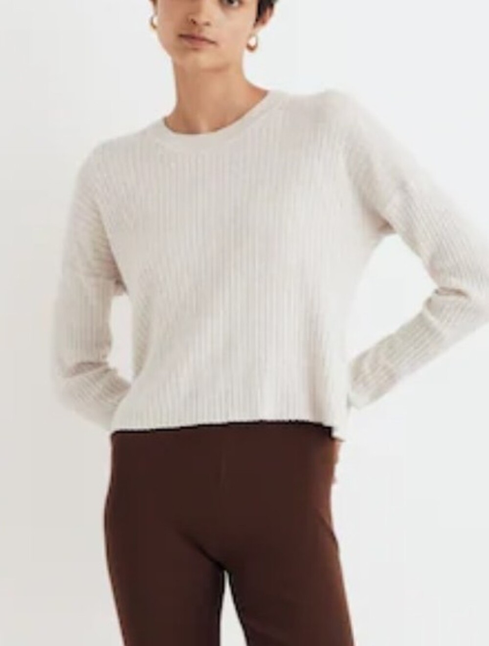 Madewell Women's Ivory Rib-Knit Crewneck Long Sleeve, Crop Pullover Sweater M